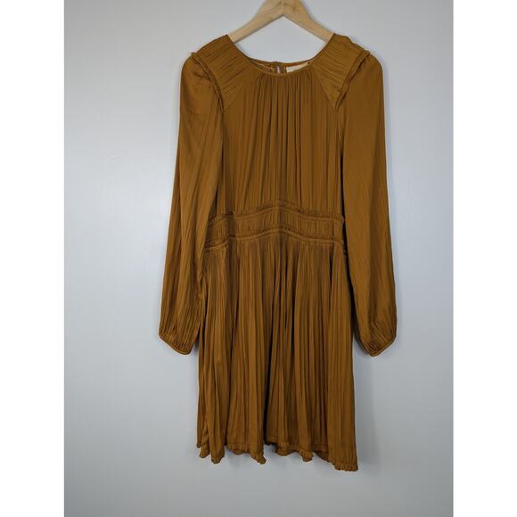 Maeve Anthropologie Saniya Pleated Long Sleeve Mini Dress in Gold - Picture 2 of 11